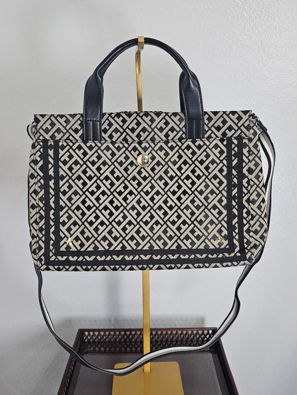 Tommy Hilfiger Black Cream Geometric Tote Bag Top Handles- Sz 12x8.5x5.25 Inches